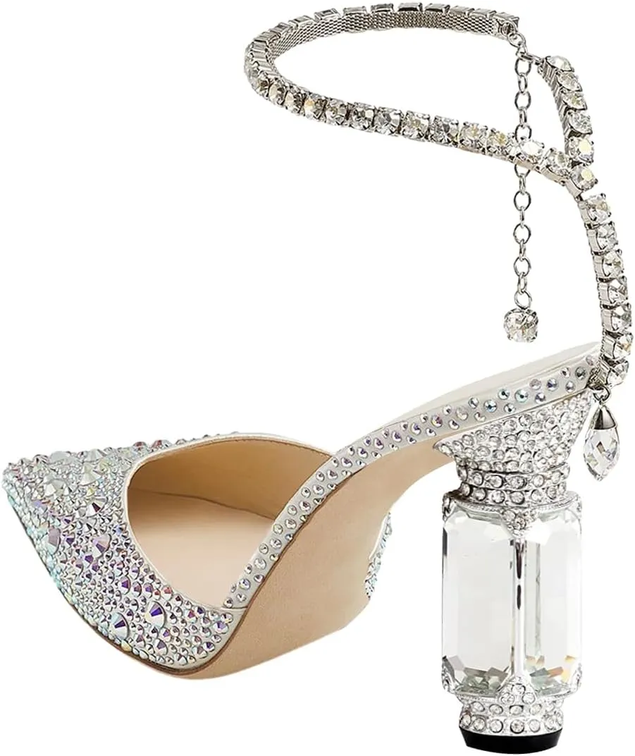 FSJ Women Bridal Heeled Sandals Pointy Toe Crystal Chain Ankle Strap Pumps Luxury Rhinestone Embellished Chunky Heels Wedding Party Dress Shoes Size 4-16 US