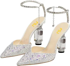 FSJ Women Bridal Heeled Sandals Pointy Toe Crystal Chain Ankle Strap Pumps Luxury Rhinestone Embellished Chunky Heels Wedding Party Dress Shoes Size 4-16 US