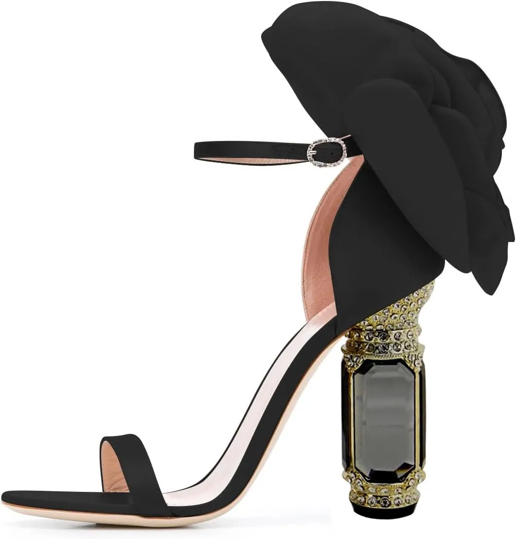 FSJ Women Open Toe Crystal Block Heels Sandals with Flower Bloom Back Ankle Strap Buckle Silk Satin Chunky Thick High Heels Wedding Party Pump Shoes Size 4-16 US