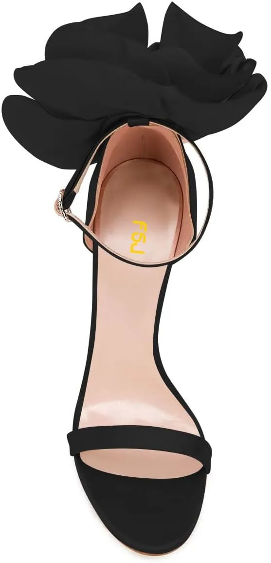 FSJ Women Open Toe Crystal Block Heels Sandals with Flower Bloom Back Ankle Strap Buckle Silk Satin Chunky Thick High Heels Wedding Party Pump Shoes Size 4-16 US