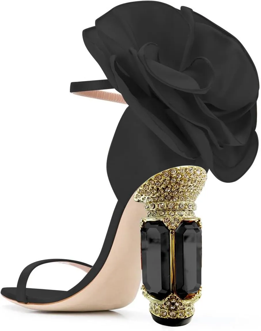 FSJ Women Open Toe Crystal Block Heels Sandals with Flower Bloom Back Ankle Strap Buckle Silk Satin Chunky Thick High Heels Wedding Party Pump Shoes Size 4-16 US