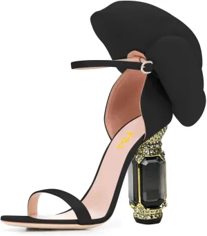 FSJ Women Open Toe Crystal Block Heels Sandals with Flower Bloom Back Ankle Strap Buckle Silk Satin Chunky Thick High Heels Wedding Party Pump Shoes Size 4-16 US