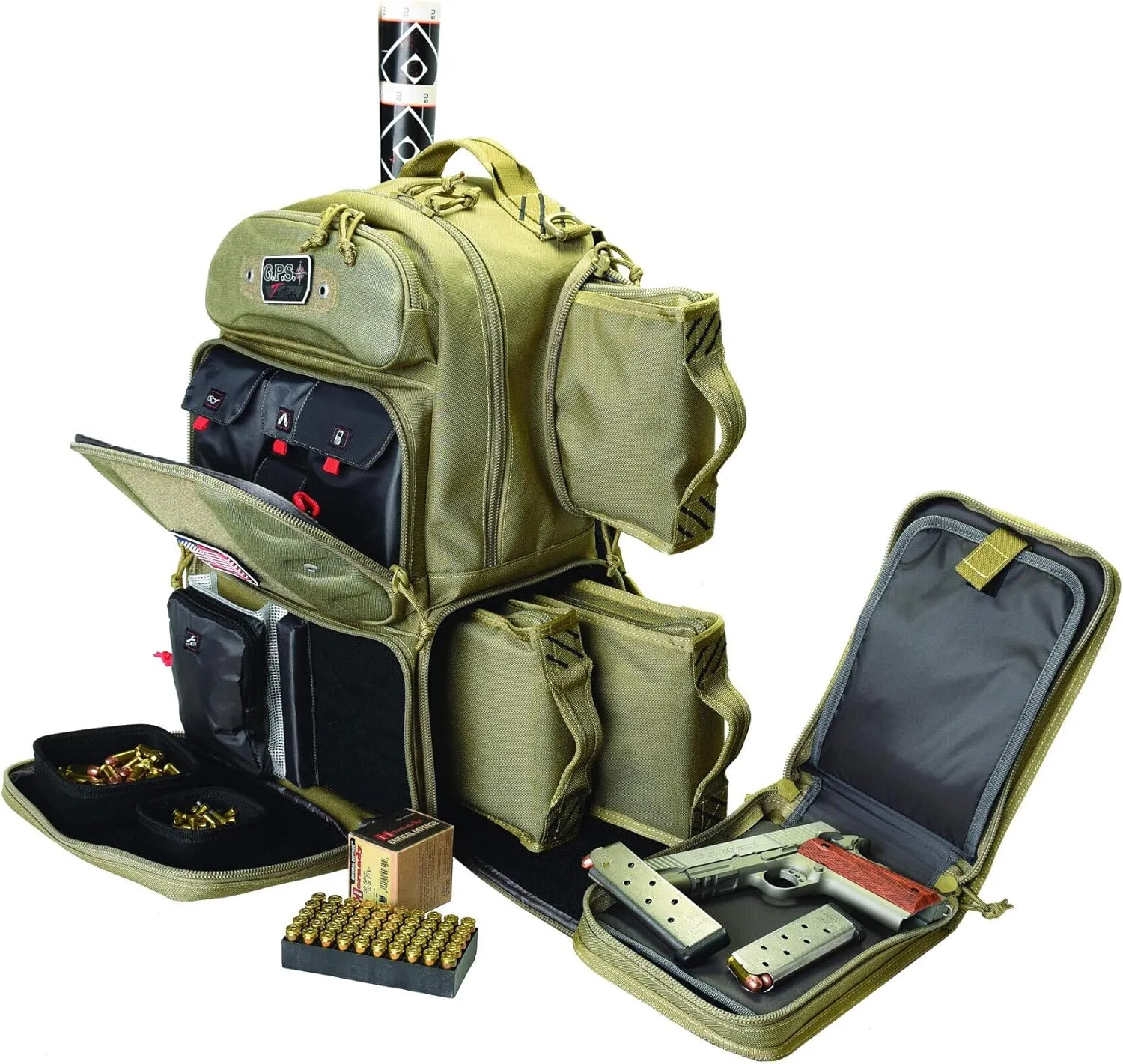G Outdoors G.P.S. Tactical Tall Range Backpack, Holds 4 Handguns, MOLLE Webbing, Durable Waterproof