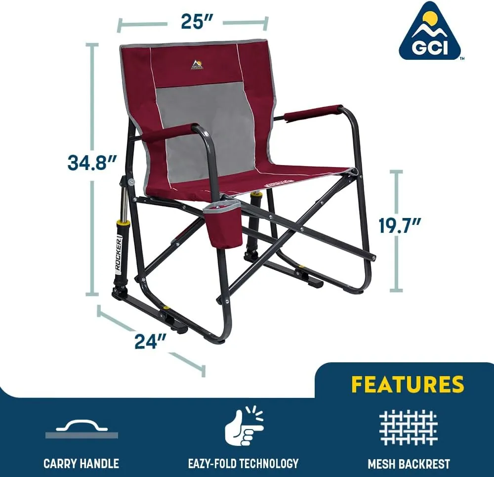 GCI OUTDOOR Freestyle Rocker Camping Chair | Portable Folding Rocking Chair with Solid, Durable Armrests, Drink Holder & Comfortable Backrest — Grey