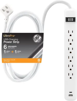 GE 6-Outlet Power Strip with USB, 1 USB-A & 1 USB-C, Outlet Extender, 6 Ft Braided Extension Cord, Flat Plug, Charging Station, White, 82594