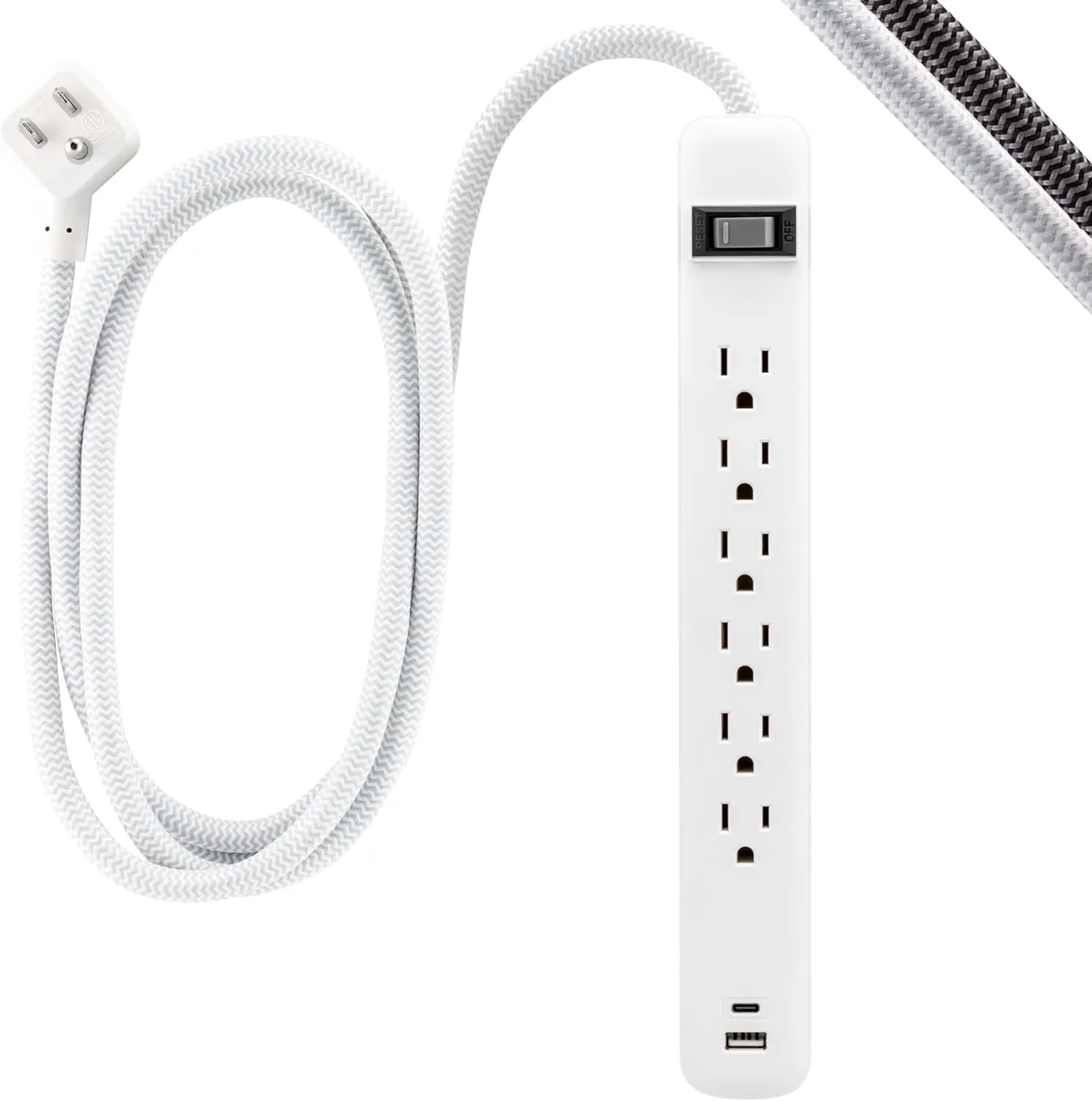 GE 6-Outlet Power Strip with USB, 1 USB-A & 1 USB-C, Outlet Extender, 6 Ft Braided Extension Cord, Flat Plug, Charging Station, White, 82594