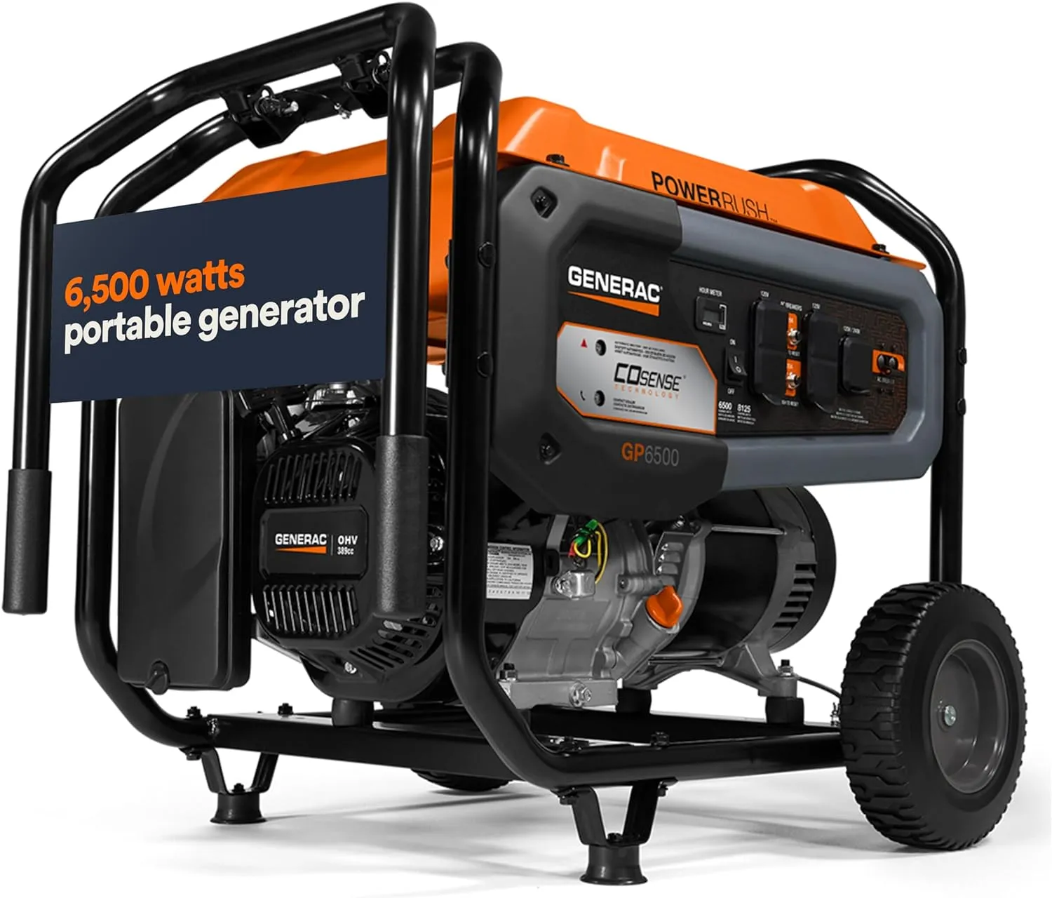 Generac 7683 GP6500 6,500-Watt Gas-Powered Portable Generator - COsense Technology - Powerrush Advanced Technology - Durable Design and Reliable Power for Emergencies and Recreation - CARB Compliant