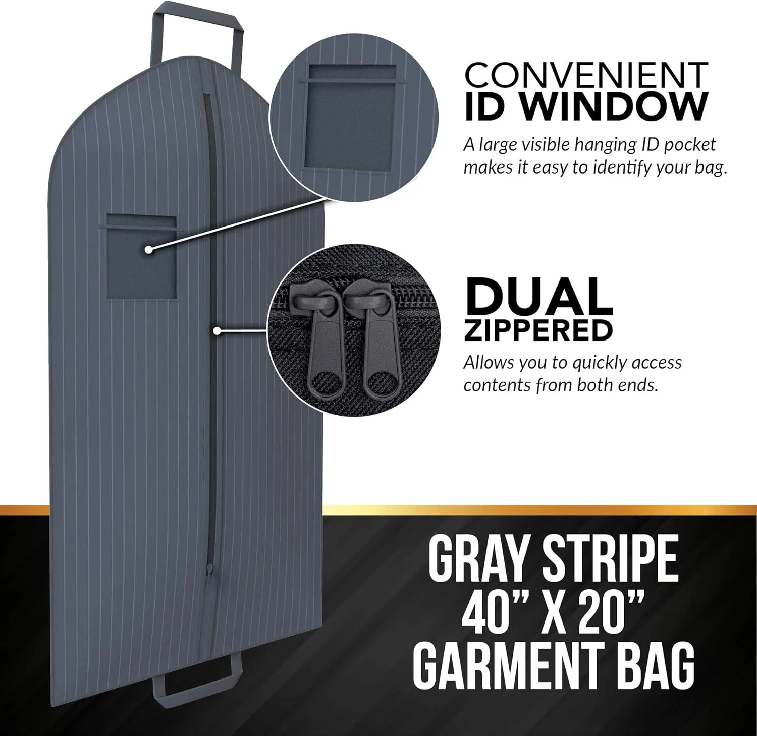 Grey Suit Garment Travel Bags -ID Tag Window, Durable Heavy Duty, Lightweight