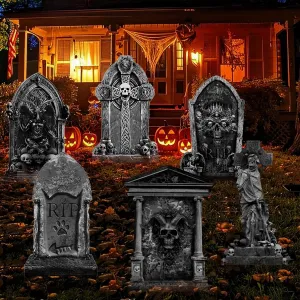 Halloween Graveyard Tombstones Yard Stakes Signs 6 Styles Outdoor Headstones for Cemetery Halloween RIP 16 Inch Graveyard Tombstones Outdoor Props Yard Decorations with Stakes