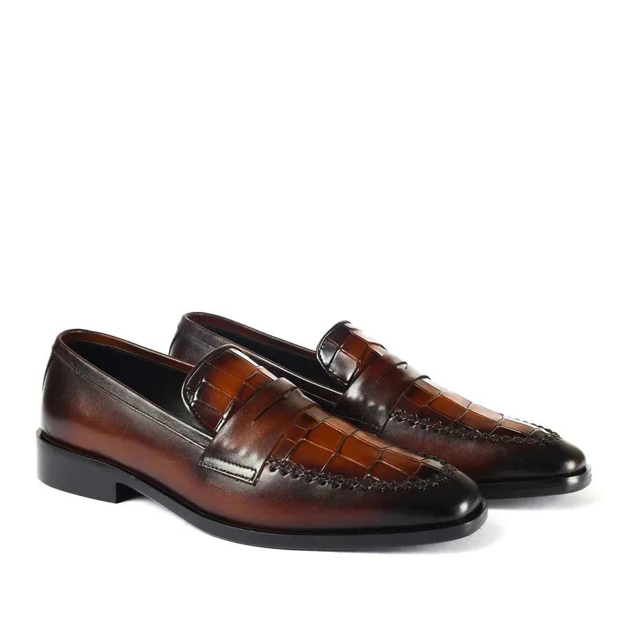 Handmade Brown Crocodile Leather Moccasins for Men