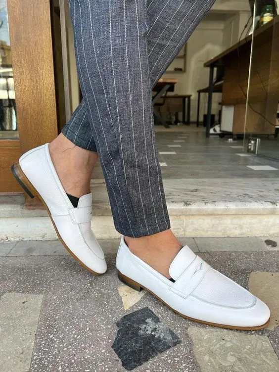 Handmade White Leather Moccasin Loafers for Men