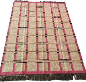 Handwoven Wool and Jute Area Rug, Traditional Kilim Dhurrie Pattern, Beige and Pink with Fringe (8X10 FEET, Pattern - 1)