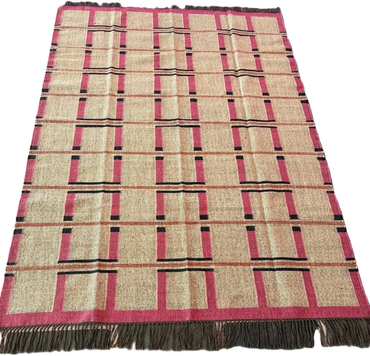Handwoven Wool and Jute Area Rug, Traditional Kilim Dhurrie Pattern, Beige and Pink with Fringe (8X10 FEET, Pattern - 1)