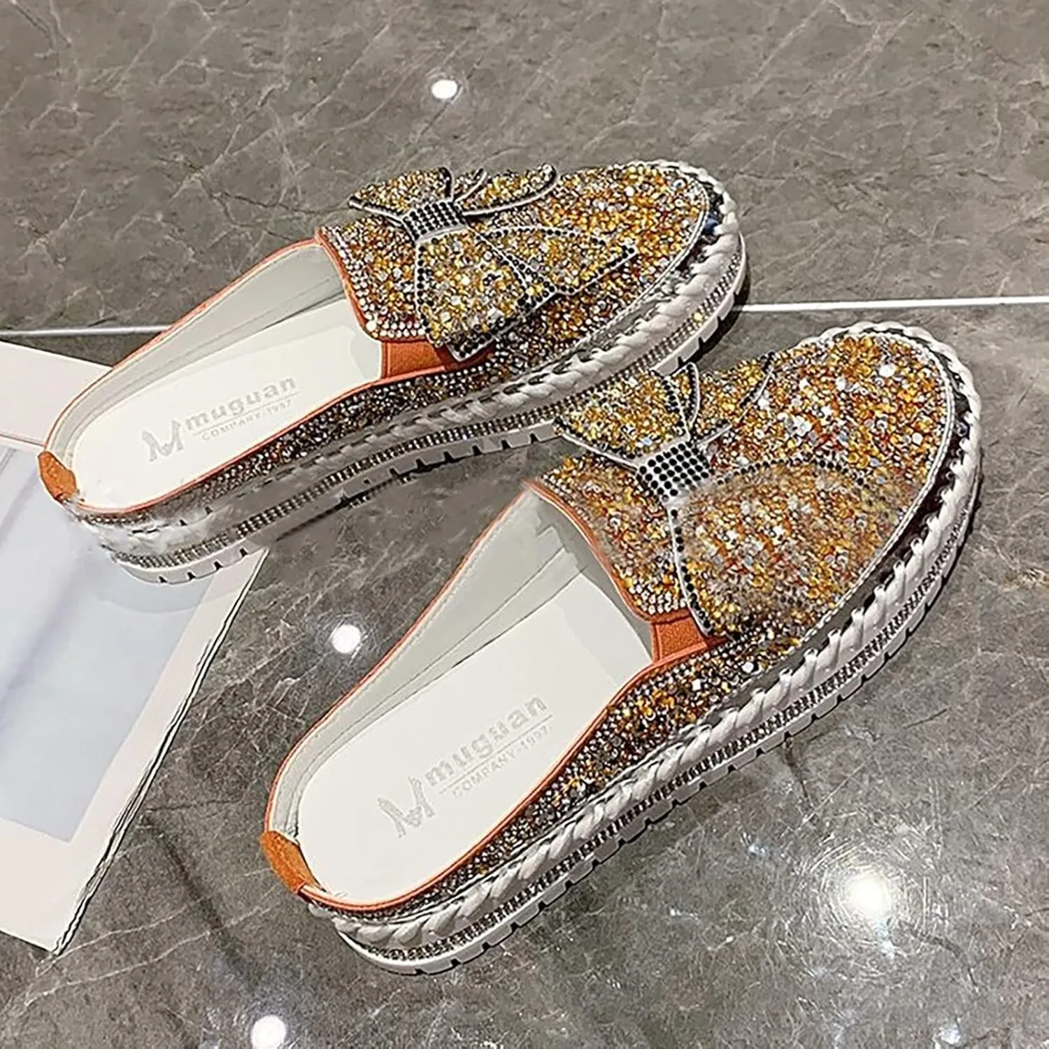 Hbeylia Women's Slip On Mule Sneakers Fashion Sequin Rhinestones Bowknot Design Platform Wedge Breathable Slippers Hiking Work Nurse Shoes Chunky Flat Heels Sliders Walking Shoes