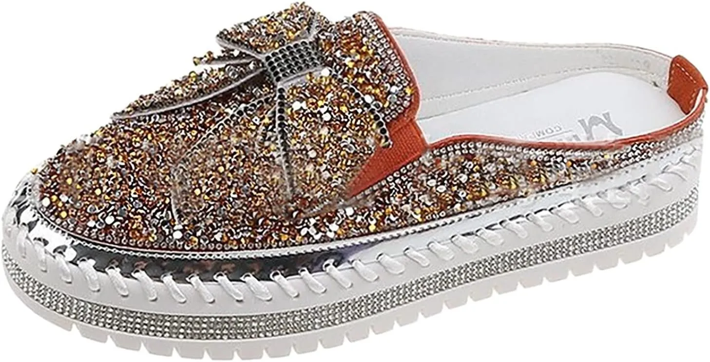 Hbeylia Women's Slip On Mule Sneakers Fashion Sequin Rhinestones Bowknot Design Platform Wedge Breathable Slippers Hiking Work Nurse Shoes Chunky Flat Heels Sliders Walking Shoes