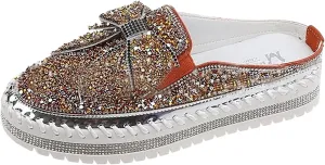 Hbeylia Women's Slip On Mule Sneakers Fashion Sequin Rhinestones Bowknot Design Platform Wedge Breathable Slippers Hiking Work Nurse Shoes Chunky Flat Heels Sliders Walking Shoes