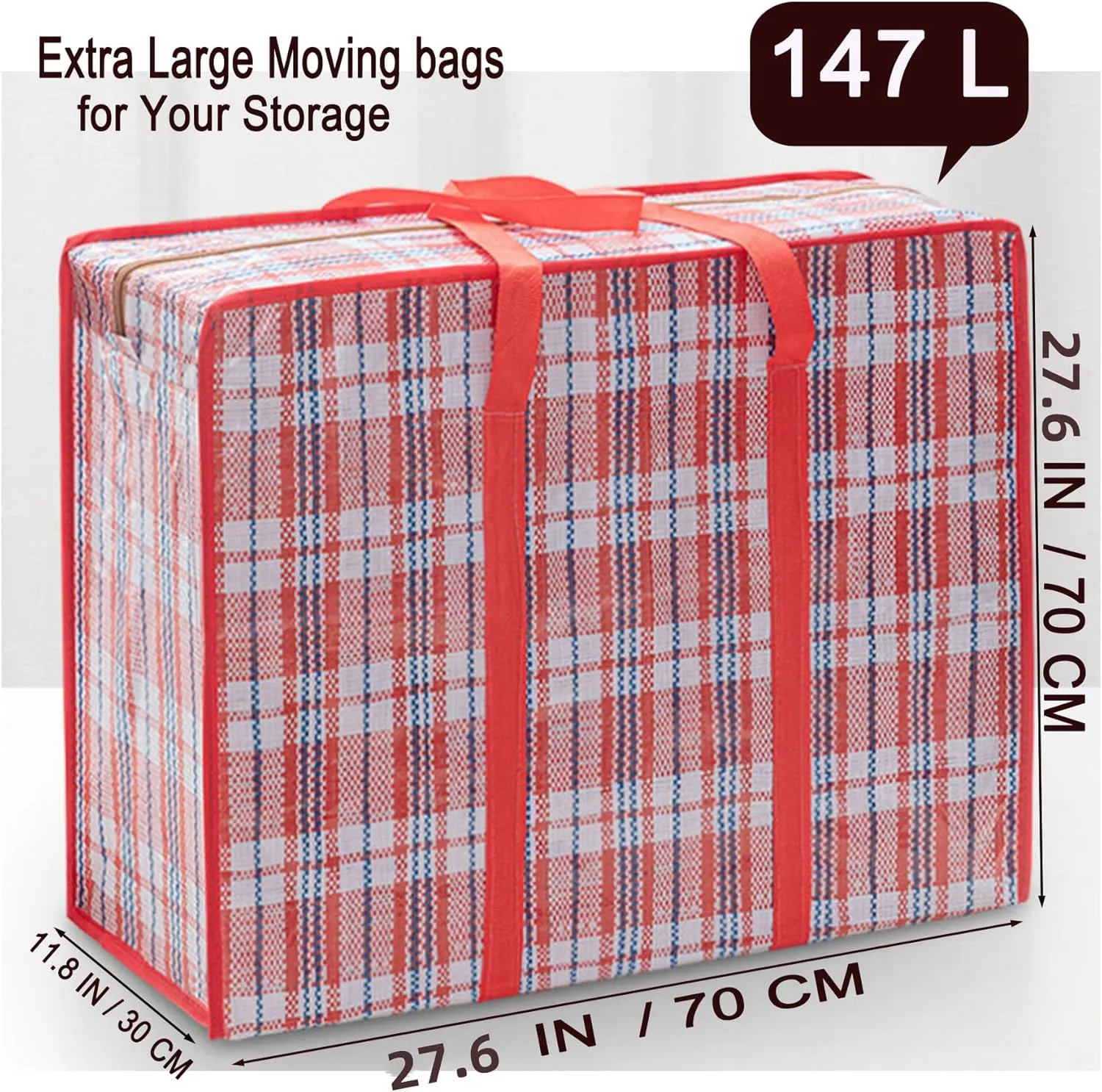Heavy Duty Jumbo Moving Bags, 147L Oversize Organizer Storage Bags With Durable Zippers for Clothes Comforter Pillow, Water-proof Totes for Carrying Camping Bedding (Set of 4) Red