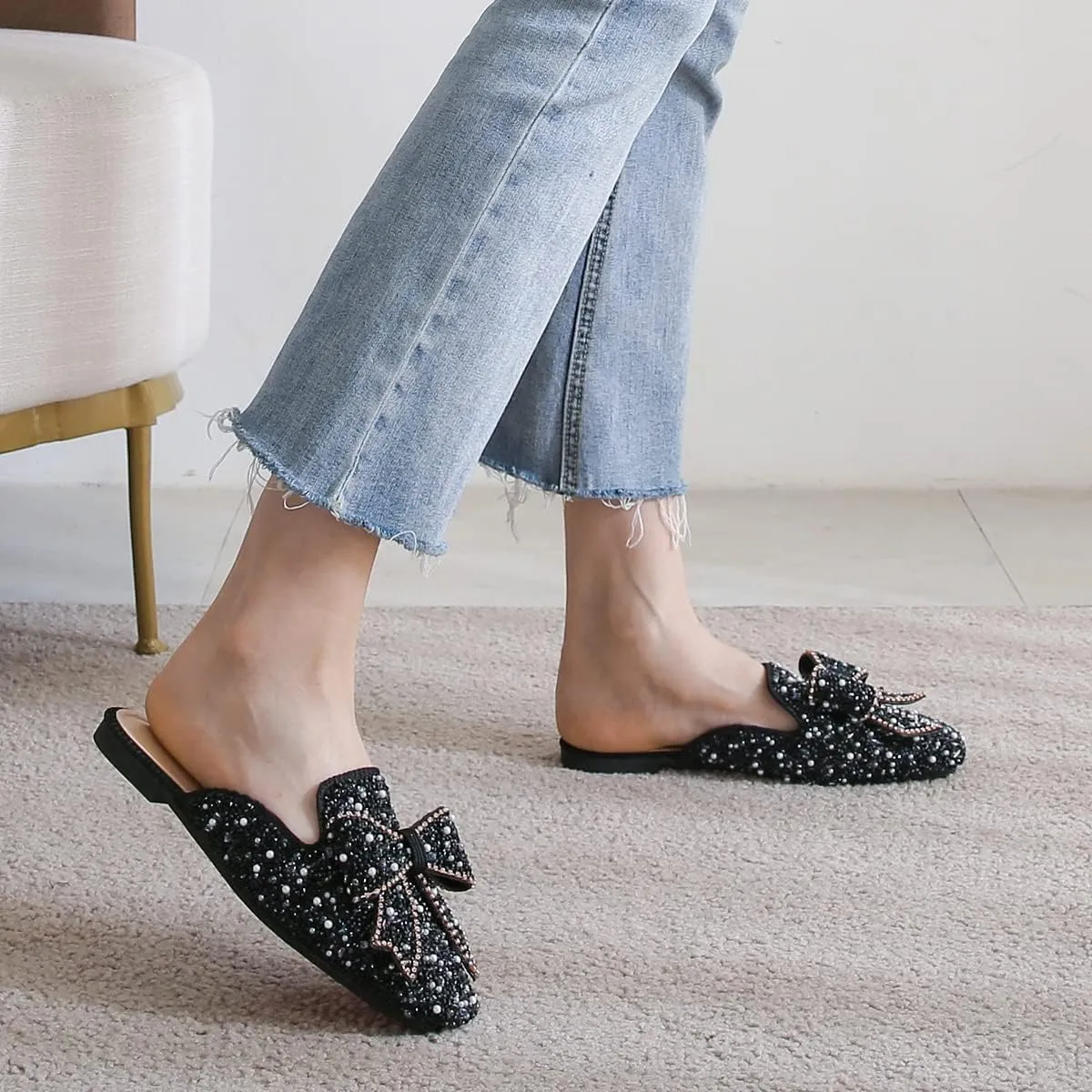 Hee grand Women Mules Bow-Knot Closed Square Toe Mules Fashion Rhinestones Flat Slippers Slip On Loafers Casual Flat Shoes