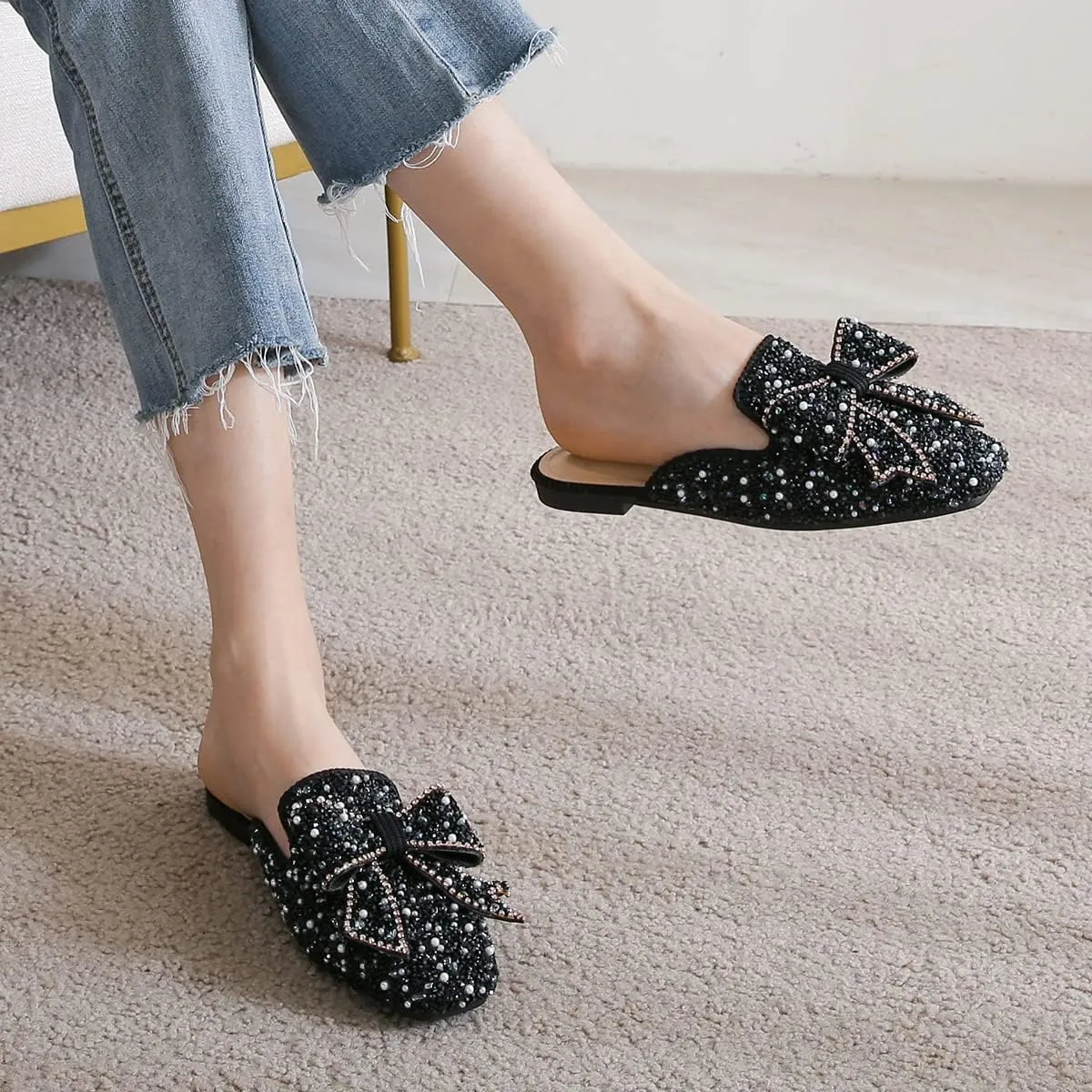 Hee grand Women Mules Bow-Knot Closed Square Toe Mules Fashion Rhinestones Flat Slippers Slip On Loafers Casual Flat Shoes