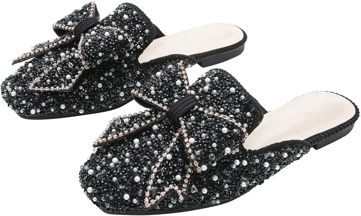 Hee grand Women Mules Bow-Knot Closed Square Toe Mules Fashion Rhinestones Flat Slippers Slip On Loafers Casual Flat Shoes