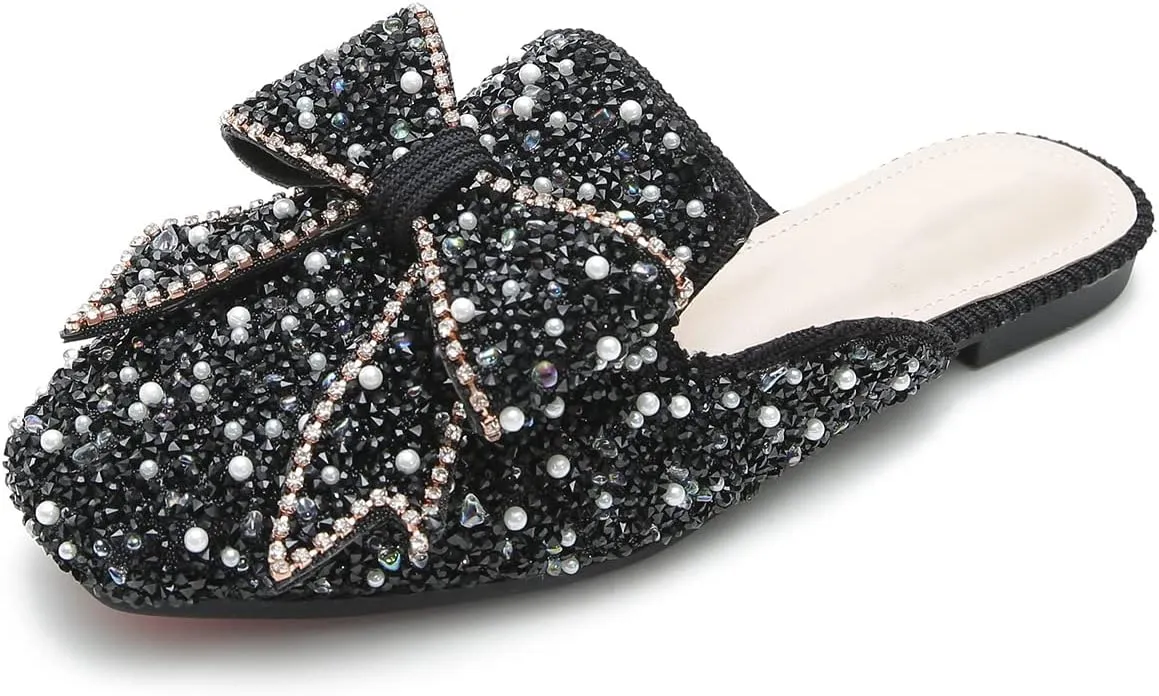 Hee grand Women Mules Bow-Knot Closed Square Toe Mules Fashion Rhinestones Flat Slippers Slip On Loafers Casual Flat Shoes