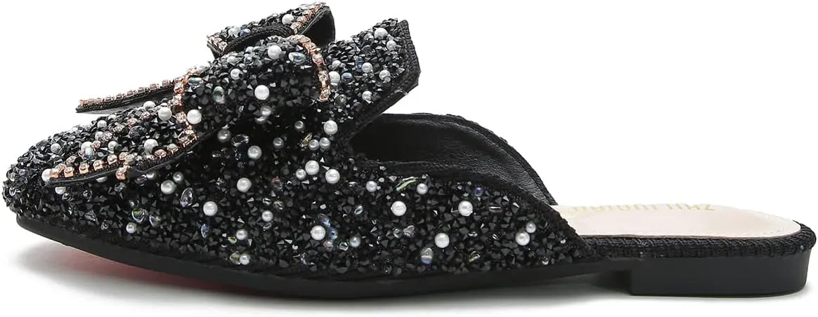 Hee grand Women Mules Bow-Knot Closed Square Toe Mules Fashion Rhinestones Flat Slippers Slip On Loafers Casual Flat Shoes