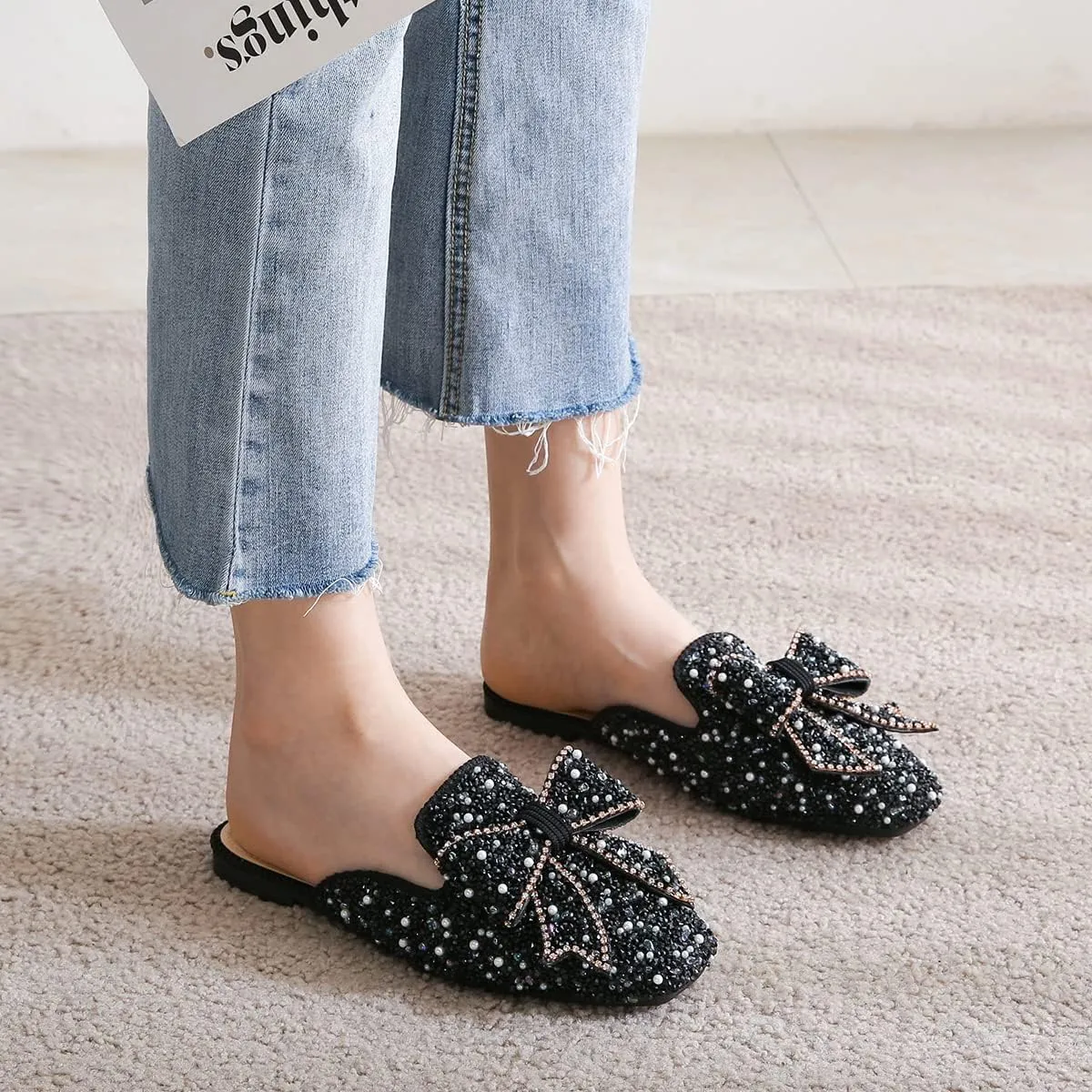 Hee grand Women Mules Bow-Knot Closed Square Toe Mules Fashion Rhinestones Flat Slippers Slip On Loafers Casual Flat Shoes
