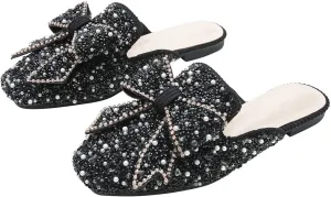 Hee grand Women Mules Bow-Knot Closed Square Toe Mules Fashion Rhinestones Flat Slippers Slip On Loafers Casual Flat Shoes