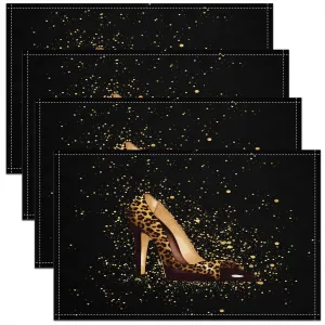 High Heels Placemat Set of 4,Leopard Print Romantic Outdoor Indoor Place Mats,Modern Fashion Lady Washable Durable Table Mats 12x18 Inch
