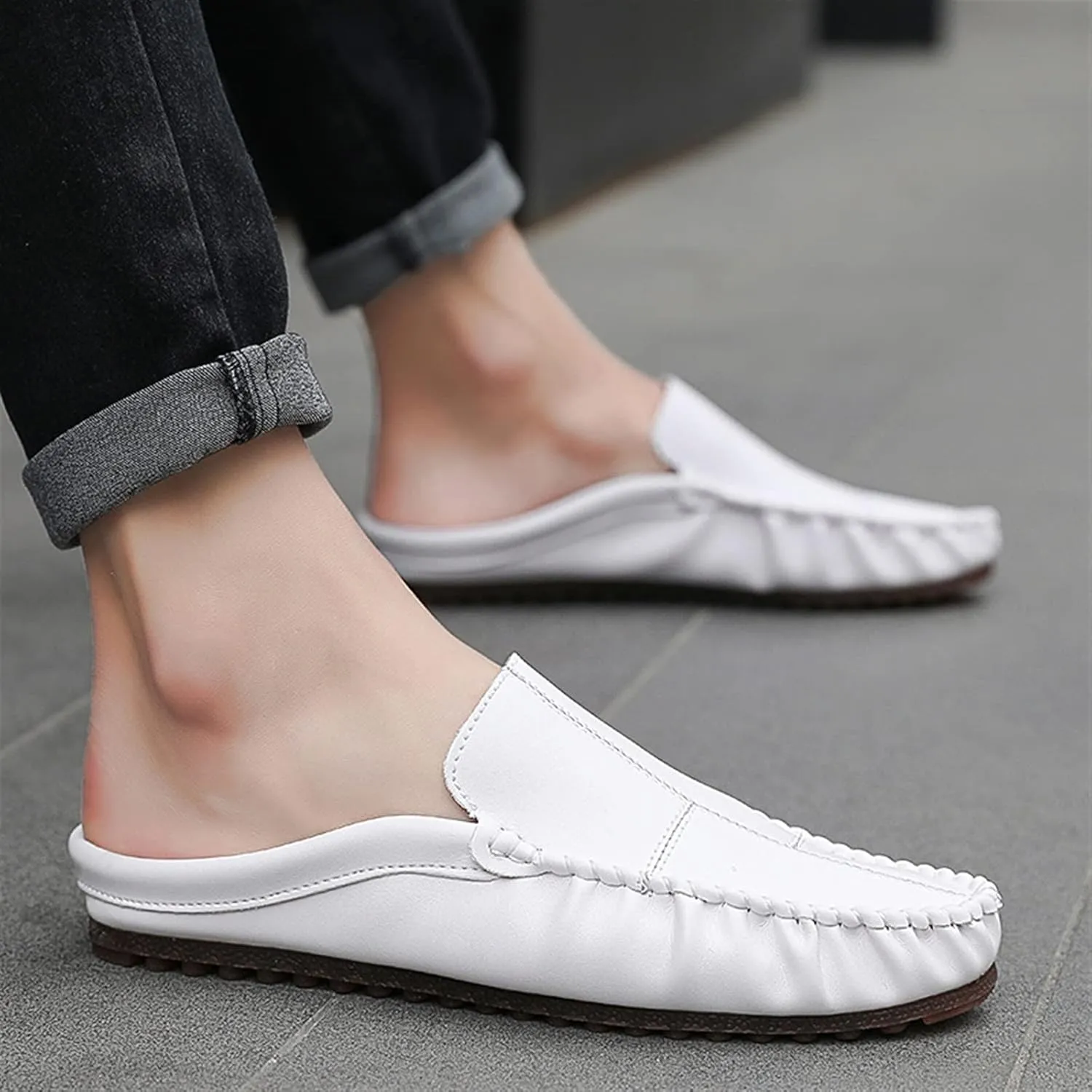 HOOENG Shoes Smoking Loafer for Men Stitching Details Backless Moccasins Shoes Vegan Leather Anti-Slip Flexible Lightweight Flat Heel Driving Slip On