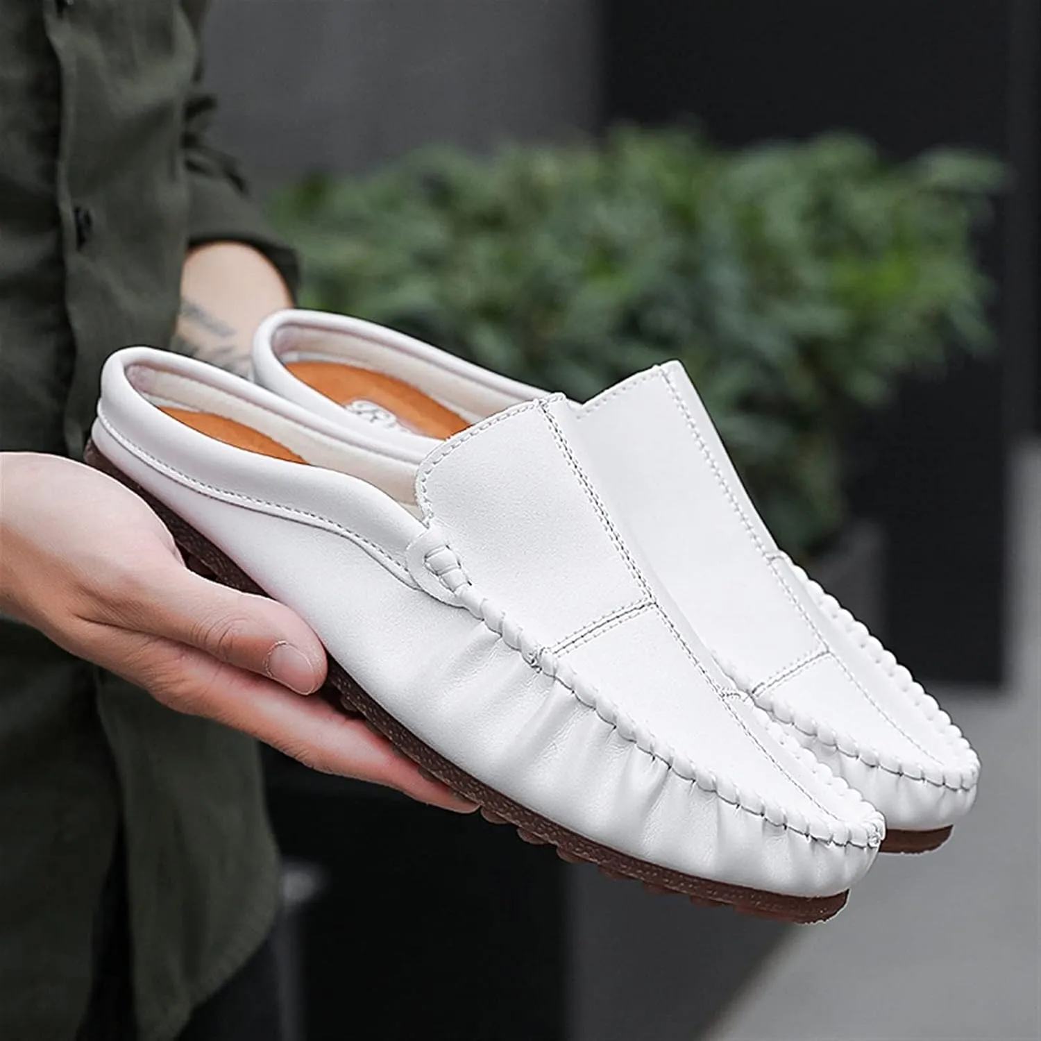 HOOENG Shoes Smoking Loafer for Men Stitching Details Backless Moccasins Shoes Vegan Leather Anti-Slip Flexible Lightweight Flat Heel Driving Slip On