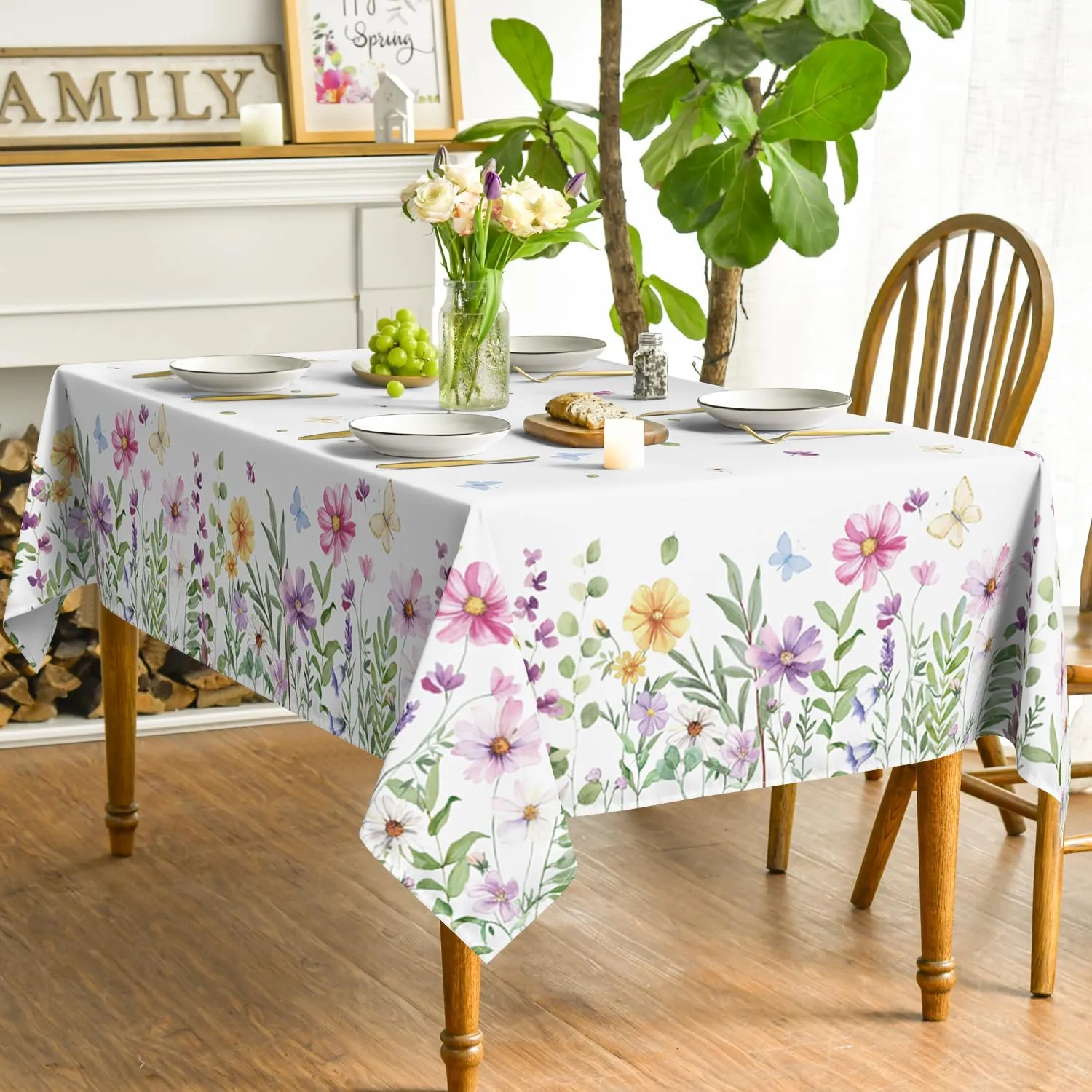 Horaldaily Spring Tablecloth 60×84 Inch, Wildflowers Floral Butterfly Washable Table Cover for Party Picnic Dinner Decor