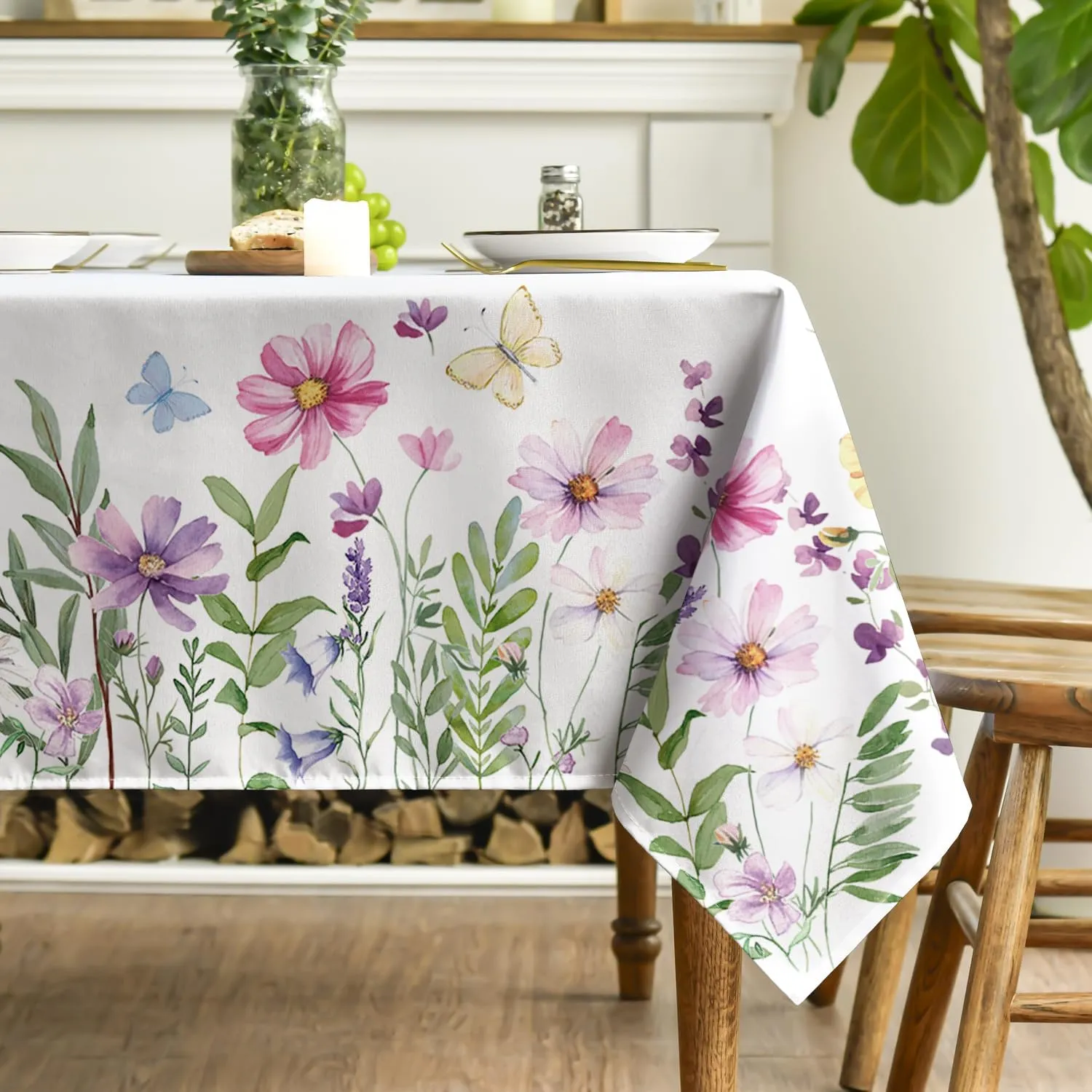 Horaldaily Spring Tablecloth 60×84 Inch, Wildflowers Floral Butterfly Washable Table Cover for Party Picnic Dinner Decor