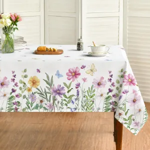 Horaldaily Spring Tablecloth 60×84 Inch, Wildflowers Floral Butterfly Washable Table Cover for Party Picnic Dinner Decor