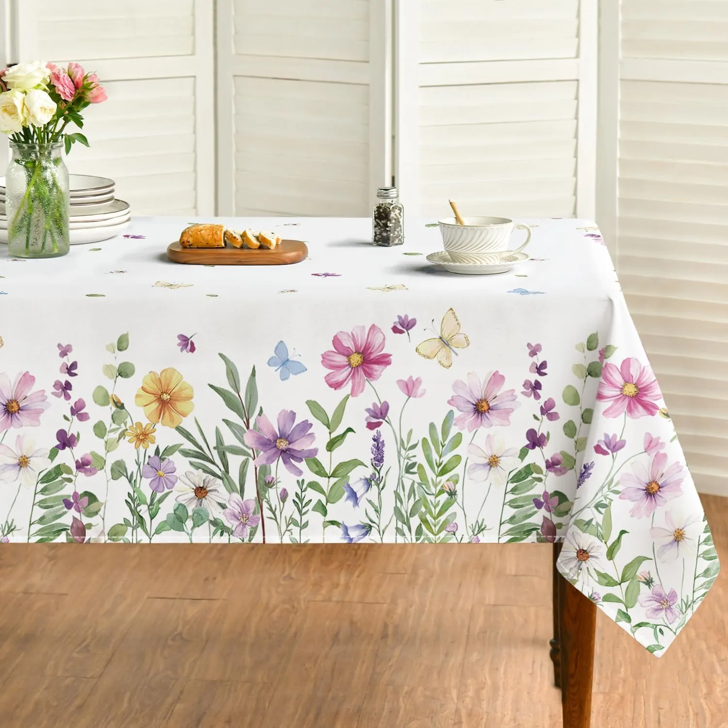 Horaldaily Spring Tablecloth 60×84 Inch, Wildflowers Floral Butterfly Washable Table Cover for Party Picnic Dinner Decor
