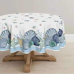 Horaldaily Summer Tablecloth 60×60 Inch Round, Blue Watercolor Sealife Conch Starfish Seaweed Washable Seasonal Table Cover for Party Picnic Dinner Decor