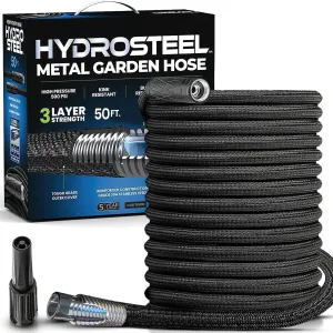 HYDROSTEEL 3x Layer Metal Garden Hose 50 Ft with Nozzle, Stainless Steel Metal Water Hose, Heavy Duty, Flexible, Lightweight, Crush and Kink Resistant, 50 Ft Garden Hose, 500 PSI AS SEEN ON TV