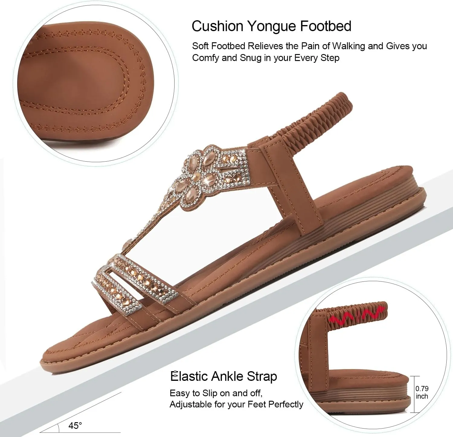 iCKER Women Rhinestone Sandals T-Strap Buckle Bohemian Pearl Crystal Flat Sandals
