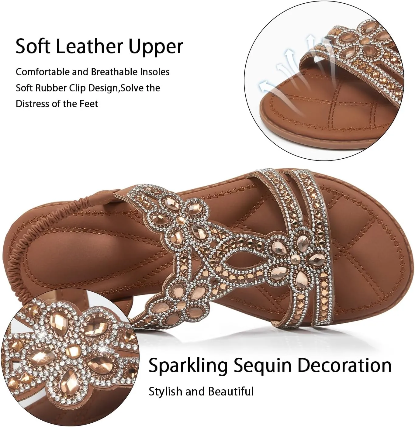 iCKER Women Rhinestone Sandals T-Strap Buckle Bohemian Pearl Crystal Flat Sandals