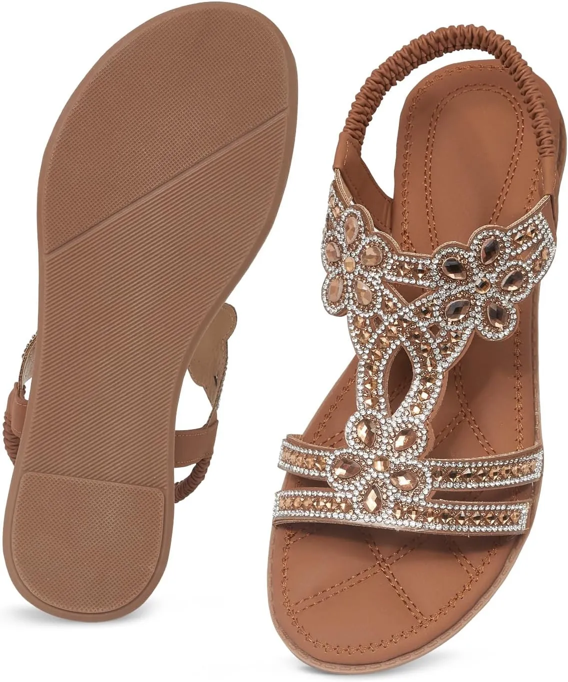 iCKER Women Rhinestone Sandals T-Strap Buckle Bohemian Pearl Crystal Flat Sandals