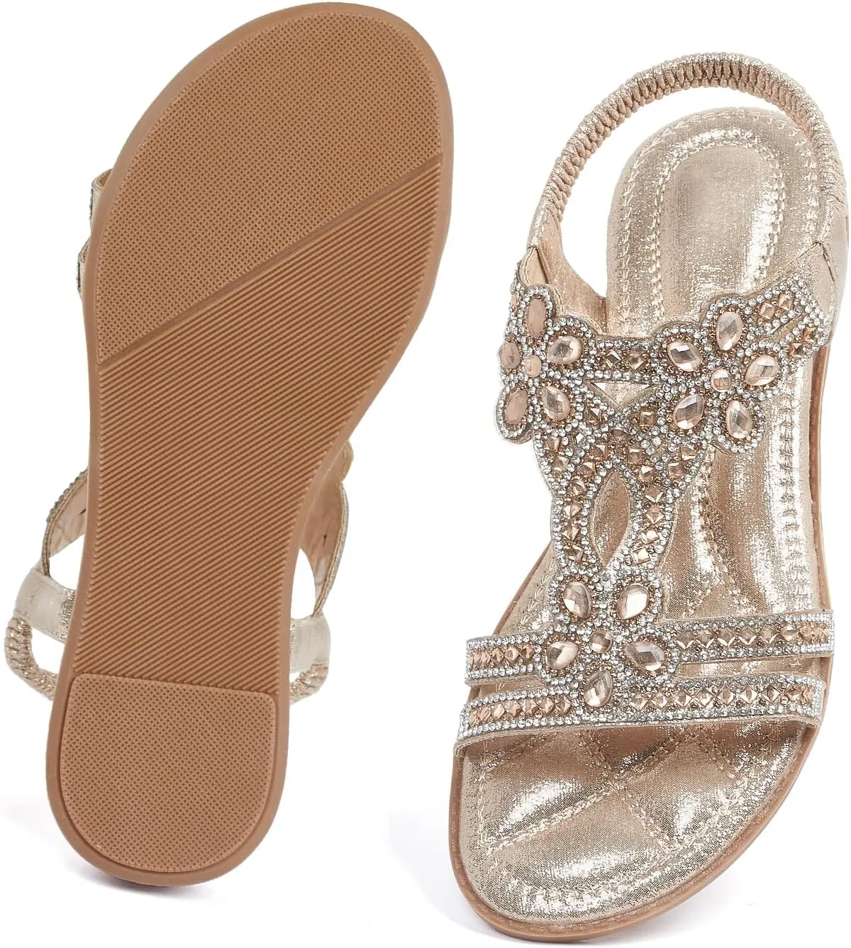 iCKER Women Rhinestone Sandals T-Strap Buckle Bohemian Pearl Crystal Flat Sandals