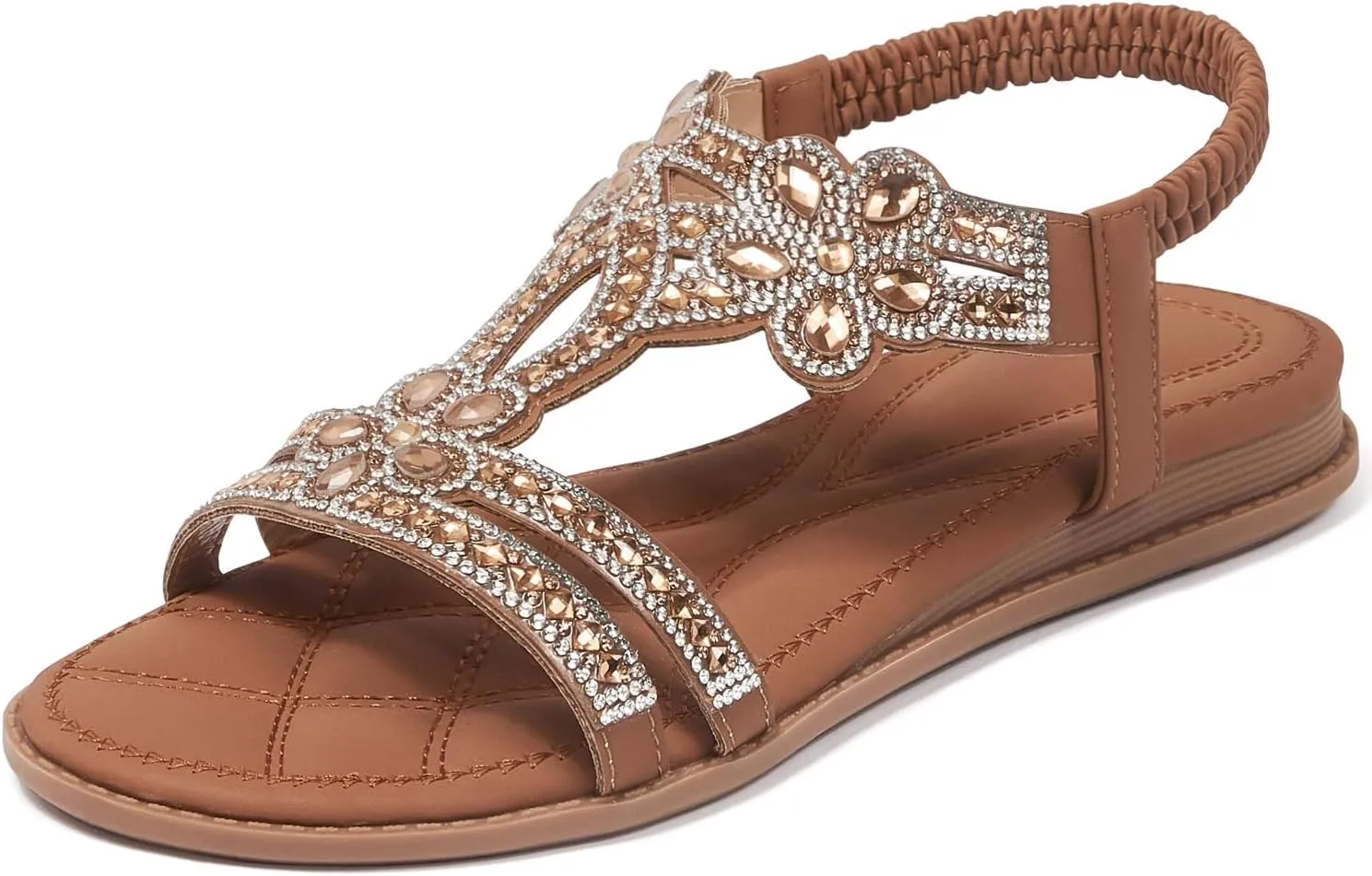 iCKER Women Rhinestone Sandals T-Strap Buckle Bohemian Pearl Crystal Flat Sandals