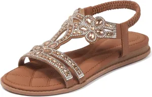 iCKER Women Rhinestone Sandals T-Strap Buckle Bohemian Pearl Crystal Flat Sandals