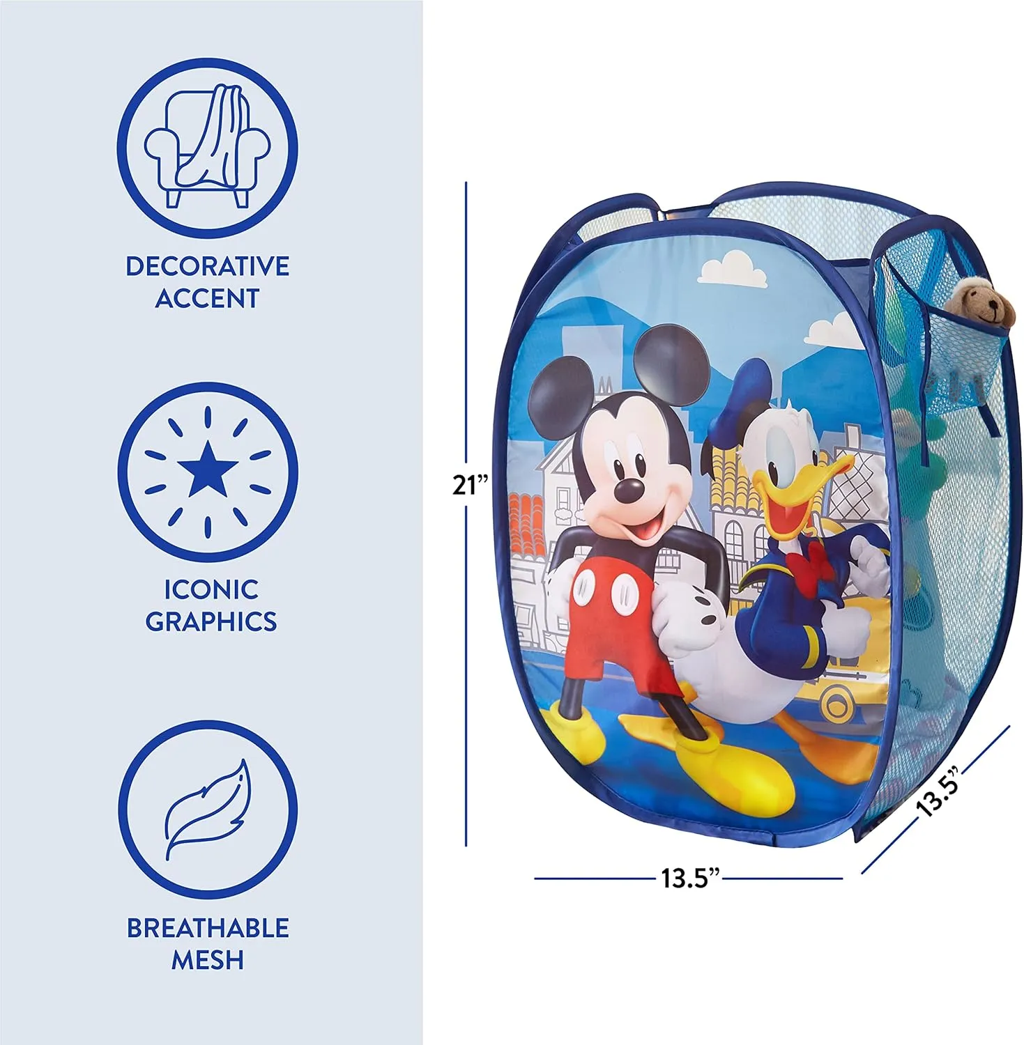 Idea Nuova Disney Mickey Mouse Pop Up Laundry Storage Hamper with Durable Carry Handles, 21" H x 13.5" W X 13.5" L, Blue