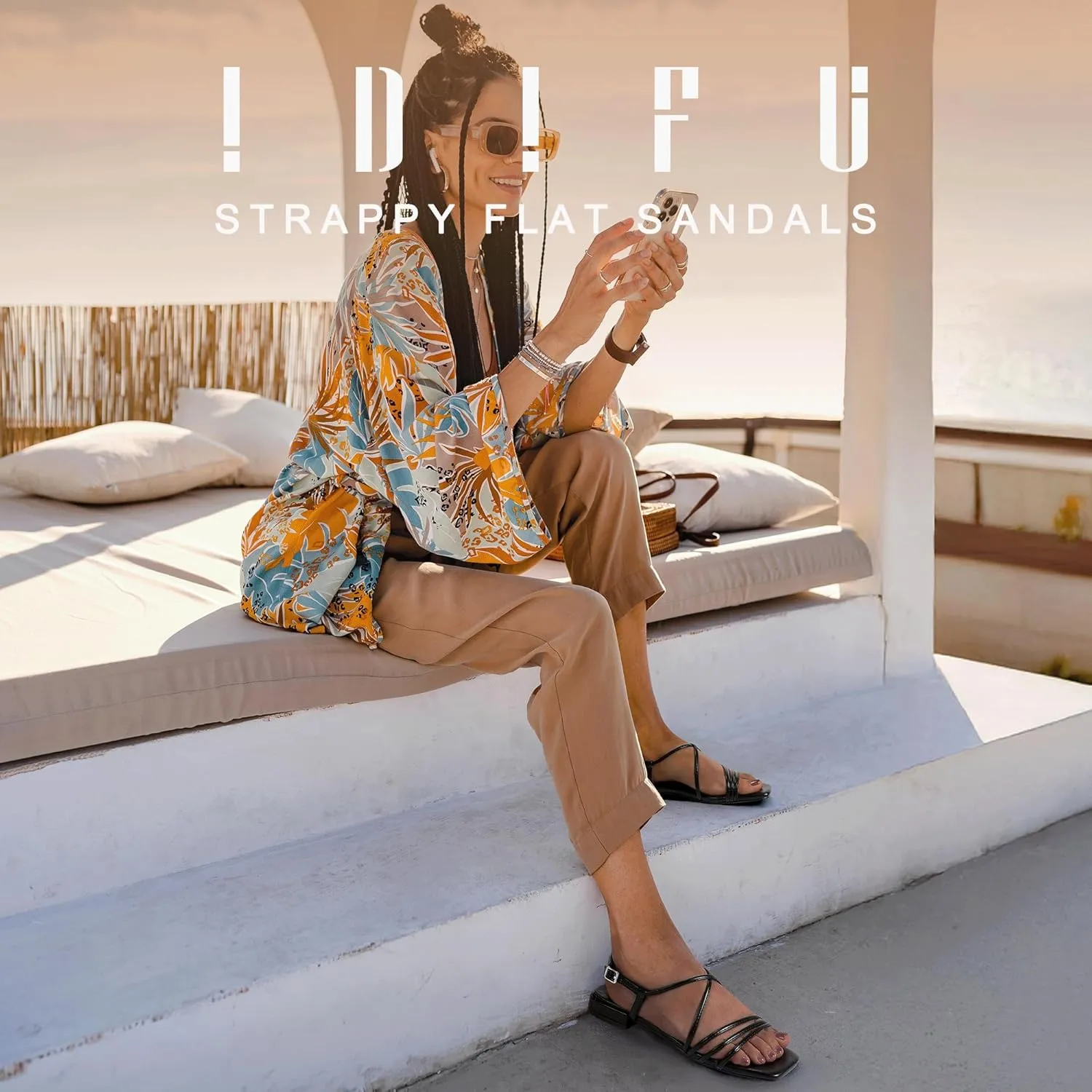 IDIFU Strappy Flat Sandals for Women Dressy Comfortable Square Open Toe Summer Beach Sandal Wedding Bridal Bride Prom Ladies Dress Sandal Fashion Cute Fancy Casual Ankle Strap Sandals