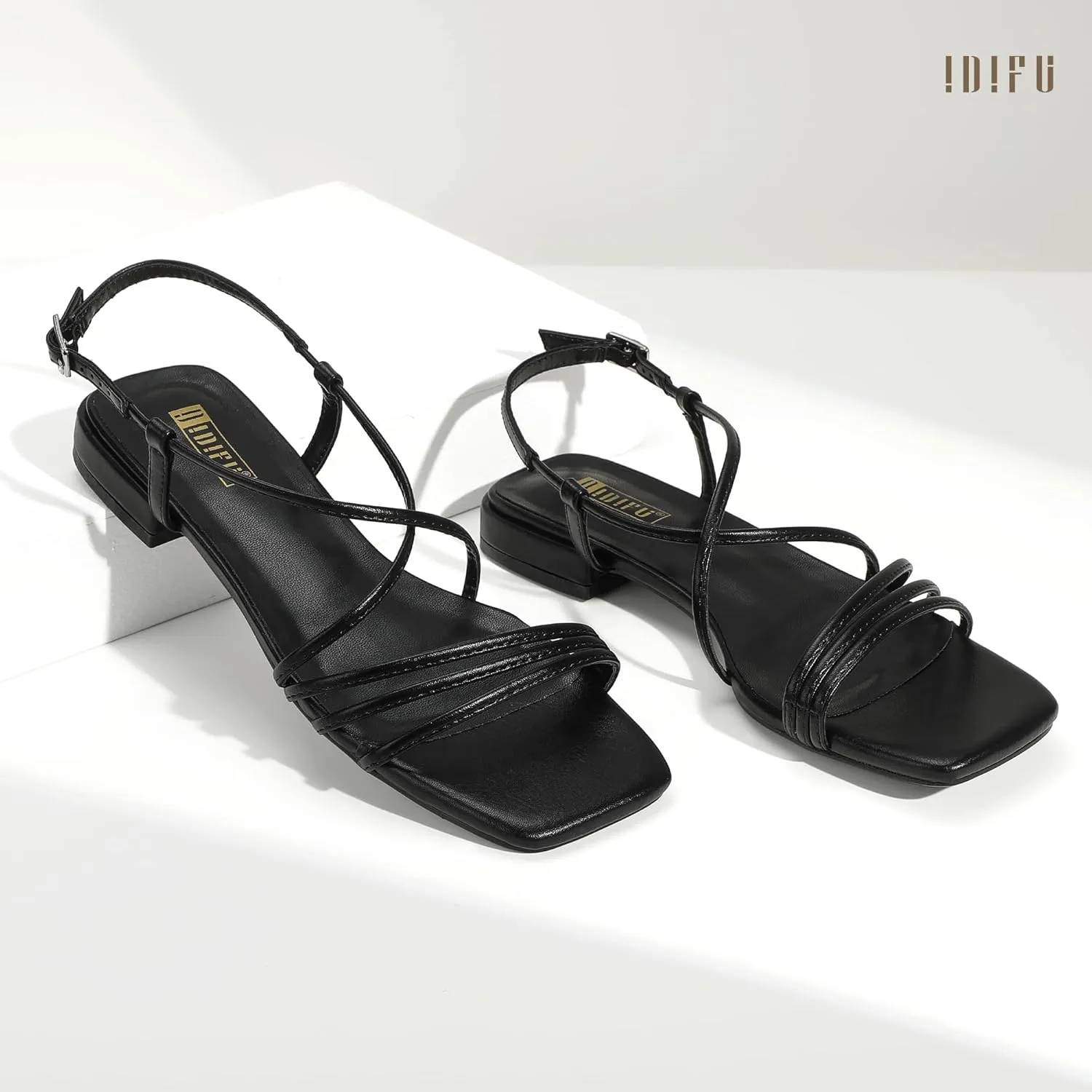 IDIFU Strappy Flat Sandals for Women Dressy Comfortable Square Open Toe Summer Beach Sandal Wedding Bridal Bride Prom Ladies Dress Sandal Fashion Cute Fancy Casual Ankle Strap Sandals