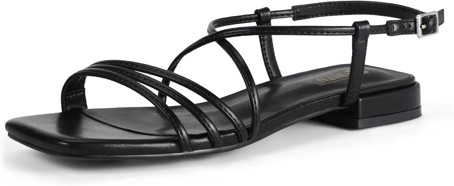 IDIFU Strappy Flat Sandals for Women Dressy Comfortable Square Open Toe Summer Beach Sandal Wedding Bridal Bride Prom Ladies Dress Sandal Fashion Cute Fancy Casual Ankle Strap Sandals