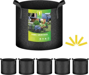 iPower 5-Pack 1 Gallon Plant Grow Bags Thickened Nonwoven Aeration Fabric Pots Heavy Duty Durable Container, Strap Handles for Garden, Black New