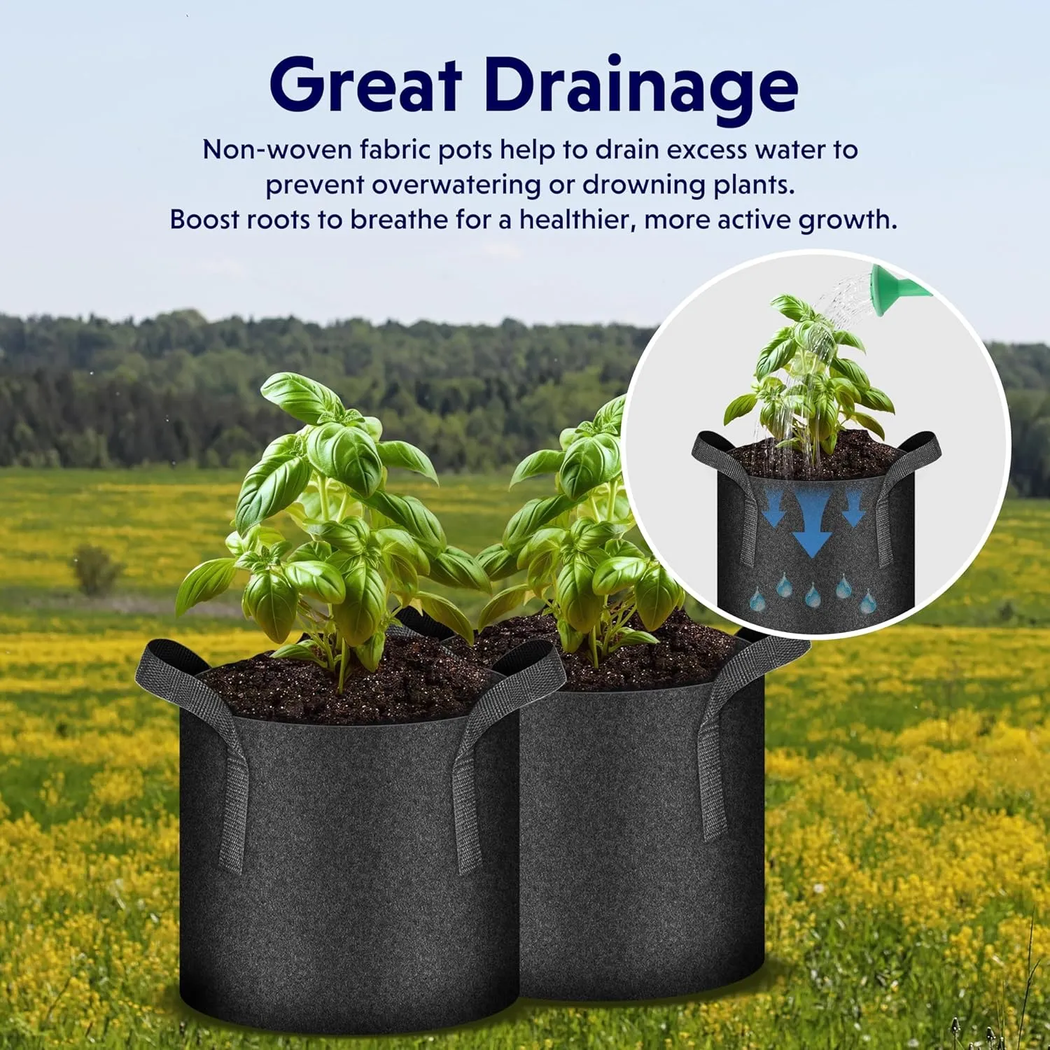 iPower 5-Pack 1 Gallon Plant Grow Bags Thickened Nonwoven Aeration Fabric Pots Heavy Duty Durable Container, Strap Handles for Garden, Black New