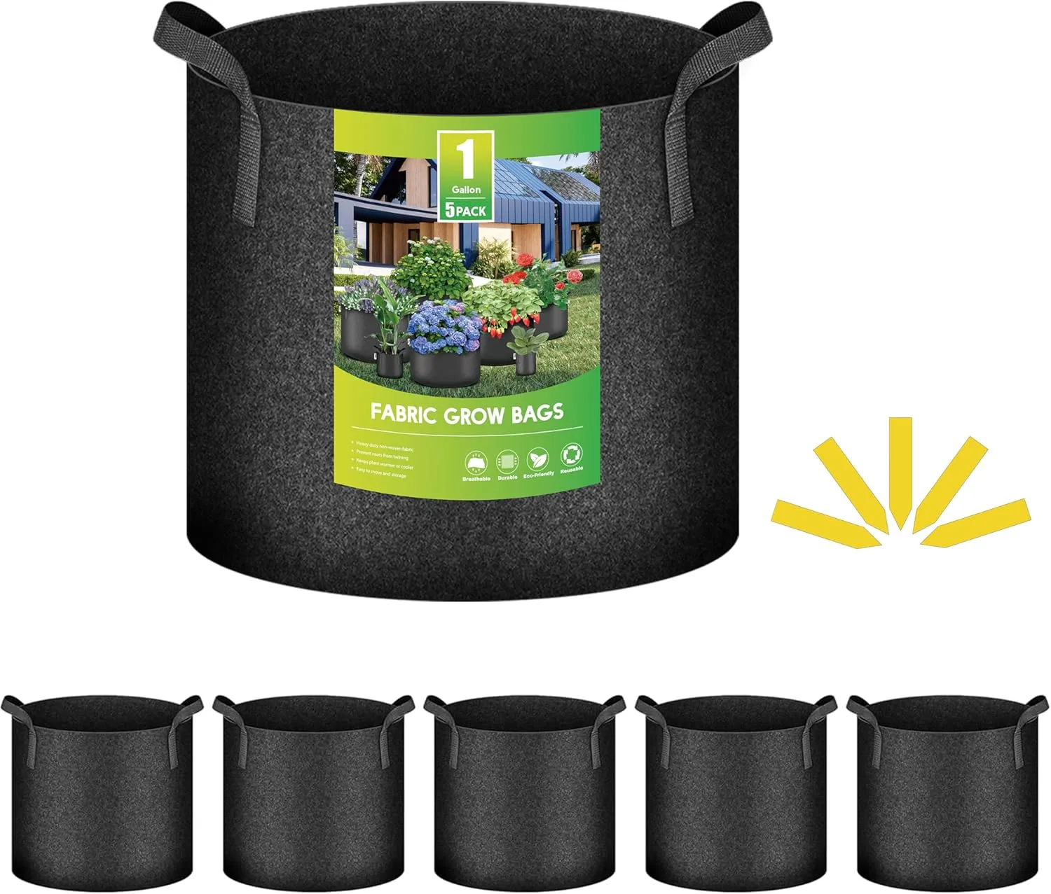 iPower 5-Pack 1 Gallon Plant Grow Bags Thickened Nonwoven Aeration Fabric Pots Heavy Duty Durable Container, Strap Handles for Garden, Black New